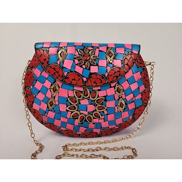 Ramla Mosaic Handmade Bag Pink Blue with Detachable Chain Strap Selling Sunset - Picture 2 of 16